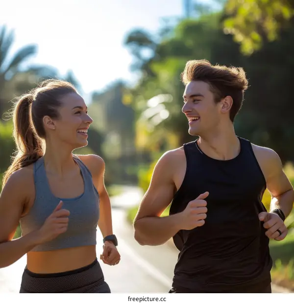 Young couple jogging together in the park