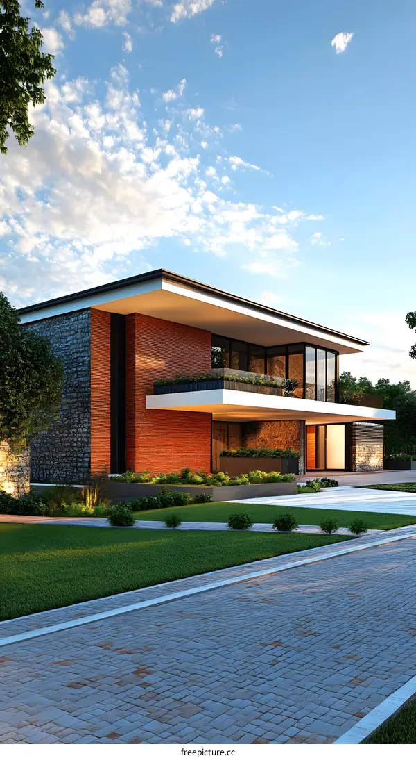 Modern House with Brick Facade and Stone Wall