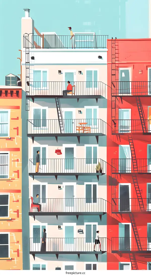 Colorful Buildings with Balconies and People