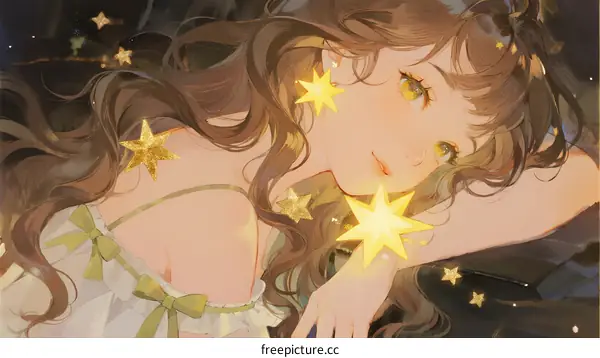 A Young Girl with Curly Hair and Glowing Star Earrings in Night