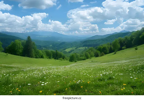 Picturesque mountain landscape with green hills and blooming meadow