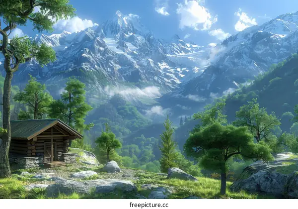 Snowy Cabin Nestled Amidst Majestic Mountains