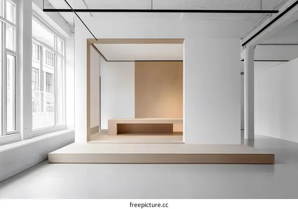 Modern Minimalist Interior Design with Wooden Platform and White Walls