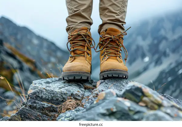 A person standing on a rock in the mountains wearing brown boots