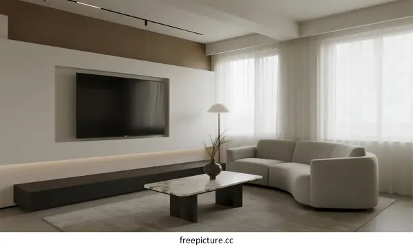 Modern living room with large TV and comfortable sofa