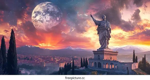 Statue of a Man in Front of a City with a Planet in the Sky