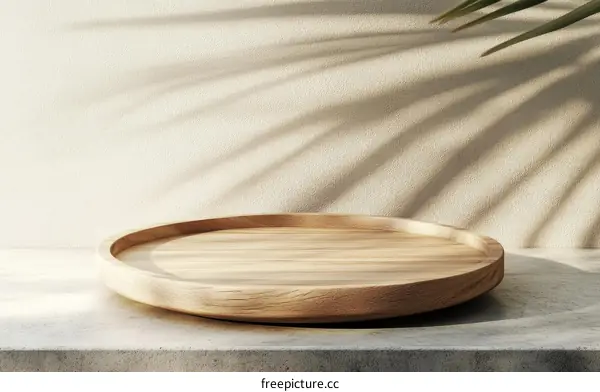 Wooden Display Tray Against Beige Wall with Palm Shadow