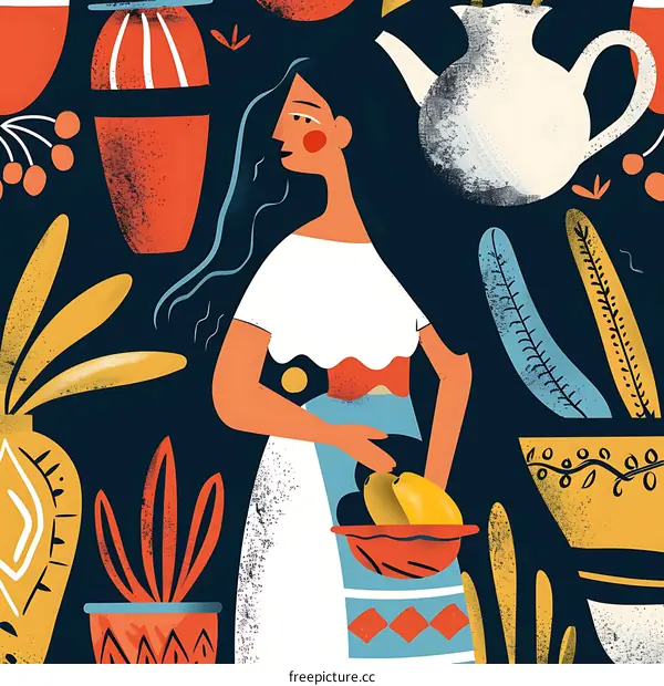 Woman Holding a Bowl of Fruit with Plants and Pottery