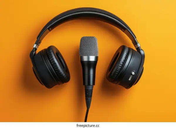 Studio Headphones and Microphone on Orange Background