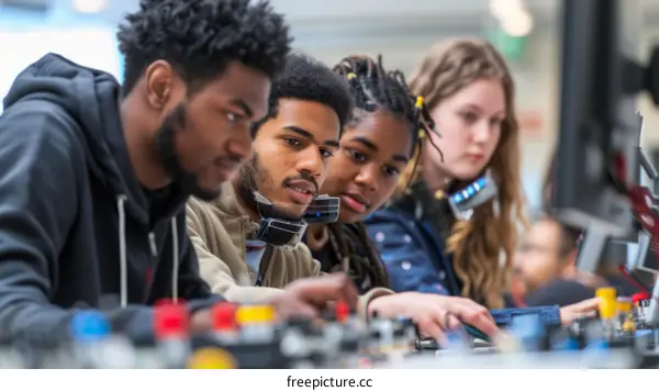 Four students working on a project together