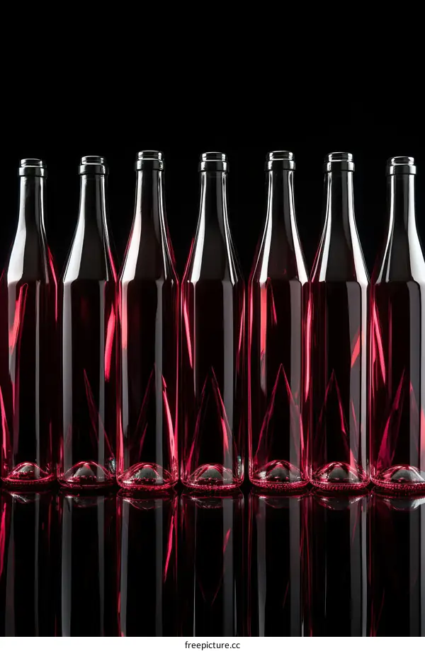 Bottles of wine with dark red wine in front of black background