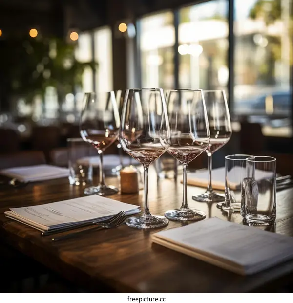 Elegant restaurant table with wine glasses and menus