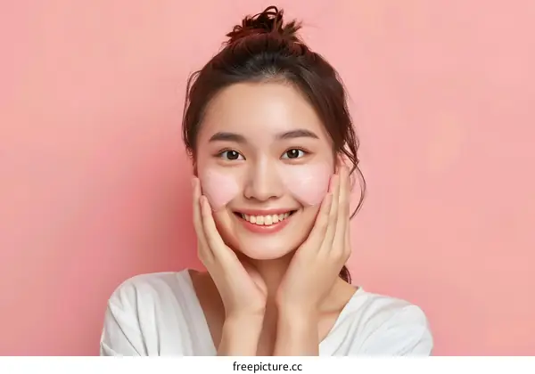 Smiling Asian Woman Applying Face Mask