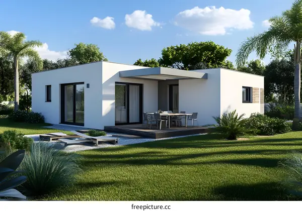 Modern Minimalist House with Lawn and Palm Trees