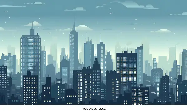 Cityscape Silhouette Illustration with Blue Sky and Clouds