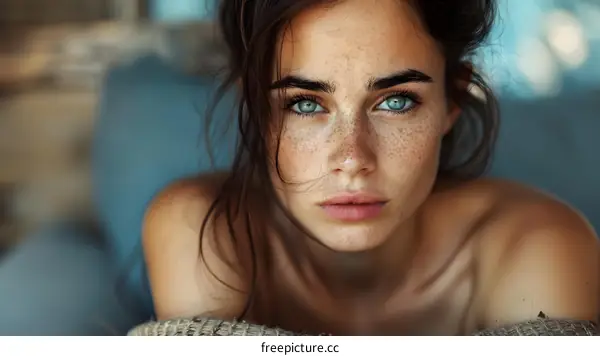 portrait of a young woman with freckles and green eyes