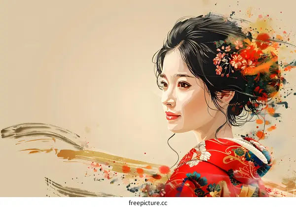 An illustration of a beautiful Japanese woman in a red kimono with a floral pattern and a pink obi.