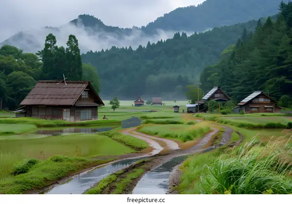 Thatched roof houses in a valley surrounded by mountains