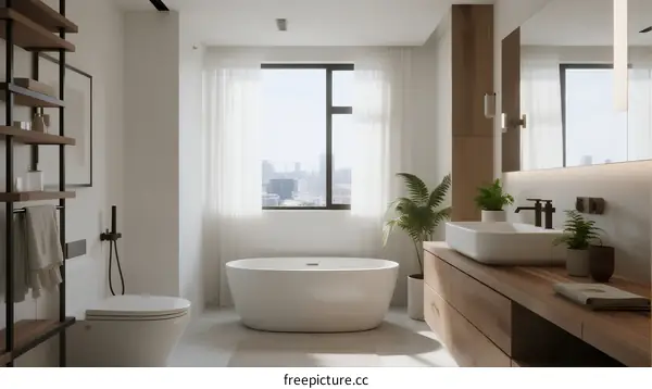 Modern minimalist bathroom with freestanding bathtub and large window