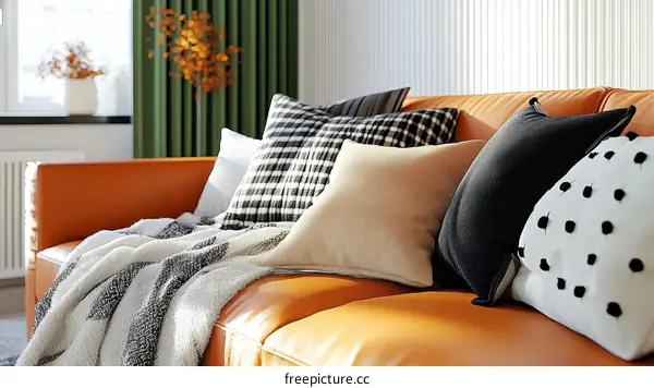 Cozy Living Room Sofa with Pillows and Blanket