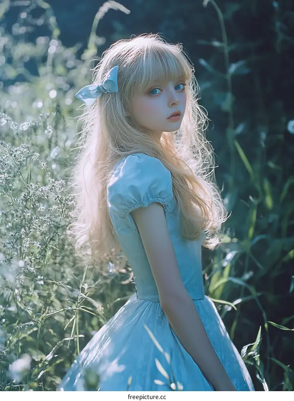 A Young Caucasian Girl in a Light Blue Dress in a Field