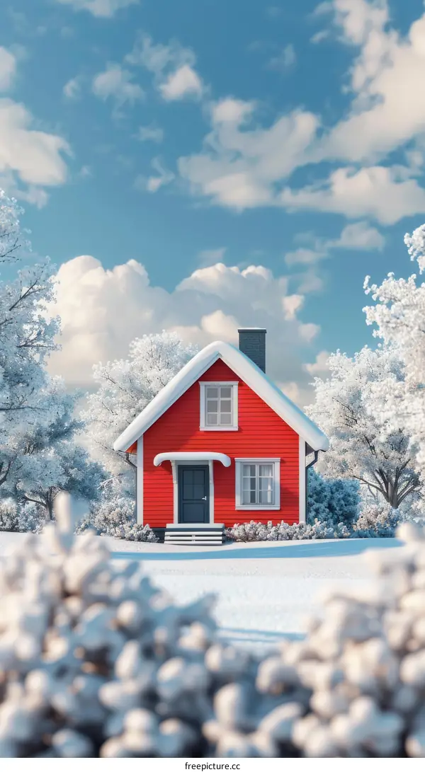 Charming Red House by the Snowy Forest