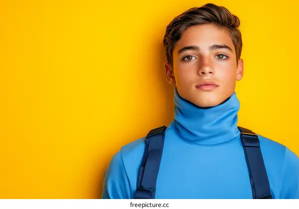 Teenage Boy in Trendy Blue Outfit Against Yellow Background