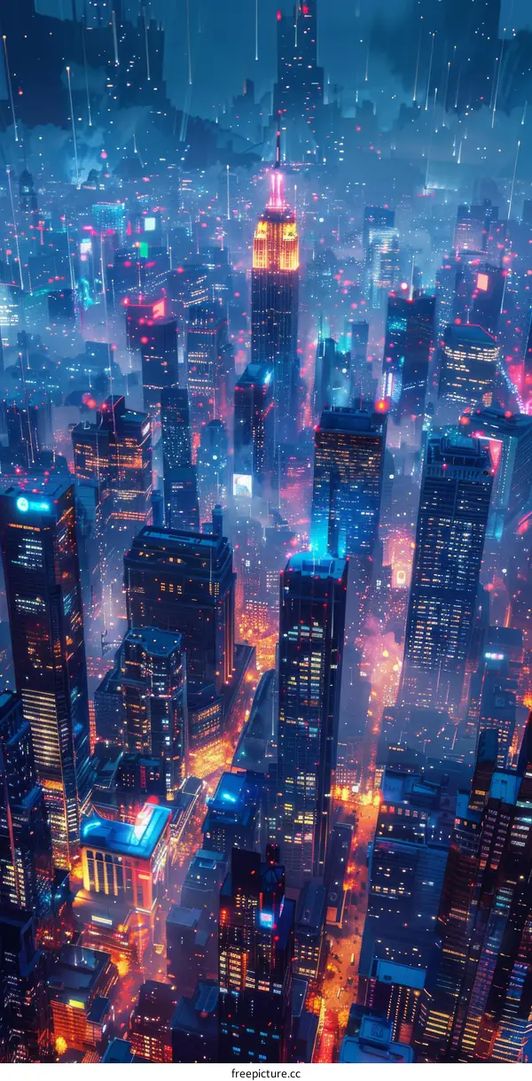 Night City Skyline Aerial View Illustration