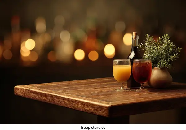 Wooden Table Top with Drinks and Plants in Bar Atmosphere