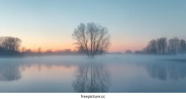 A lonely tree stands in the middle of a misty lake at sunrise.