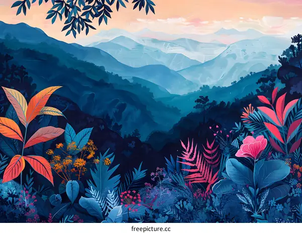 vibrant jungle landscape with blue mountains