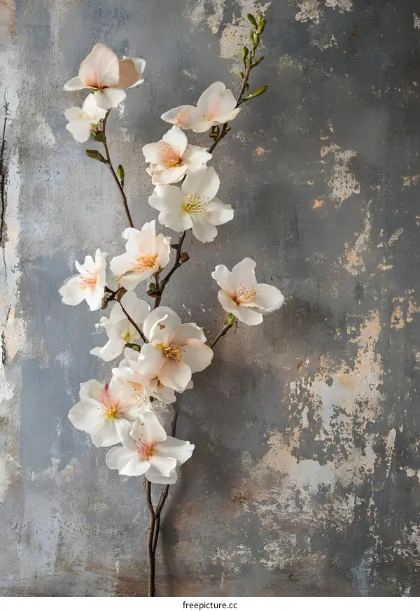 White Flowers Against Concrete Wall Background