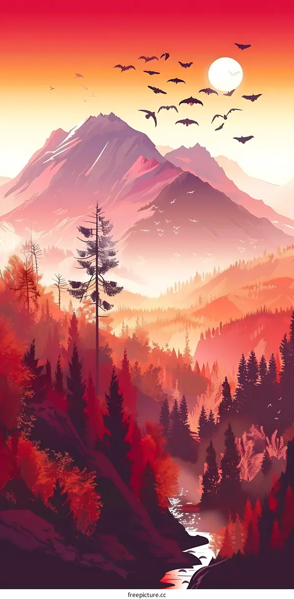 Mountain Landscape with Sunset and Flying Bats