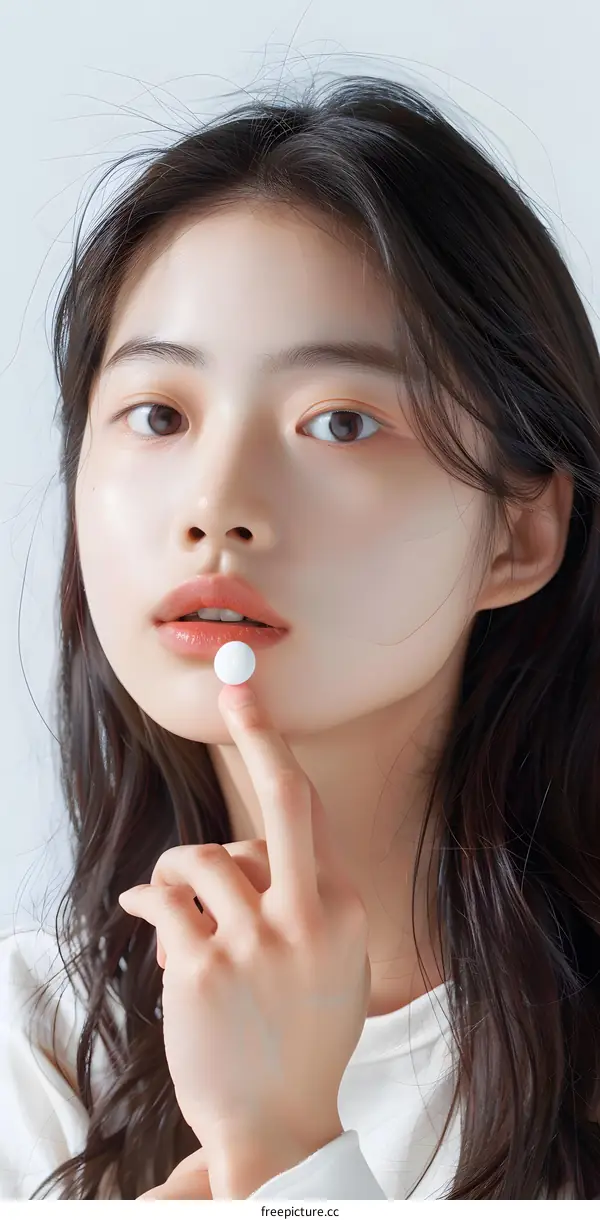Beautiful Asian Woman Holding a White Pill