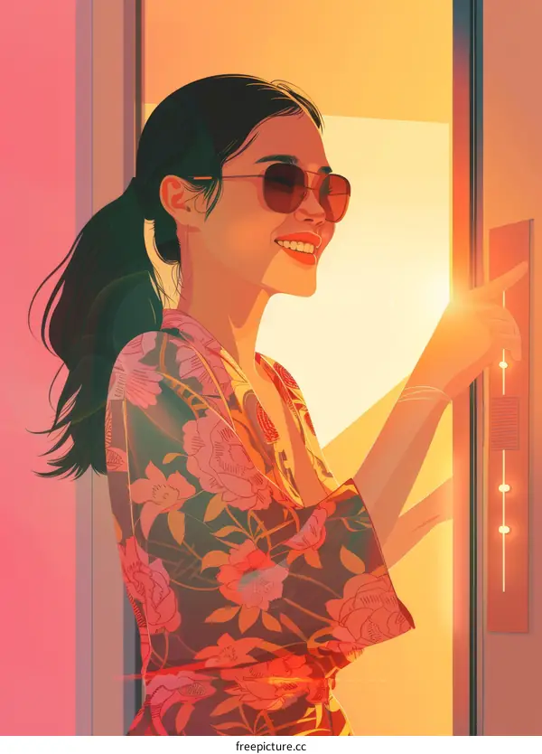 An illustration of a young woman pressing an elevator button