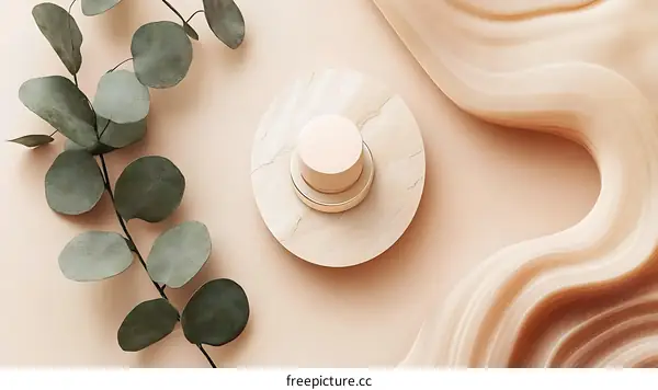 Beige Aesthetic Product Display with Eucalyptus Branches