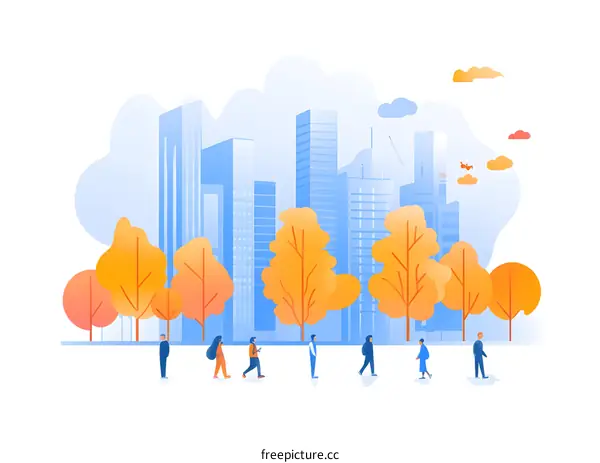 Cityscape with People Walking in Park in Autumn
