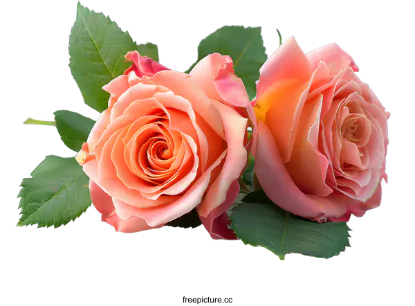 [Transparent Background PNG]Two Peach Roses Isolated on White Background