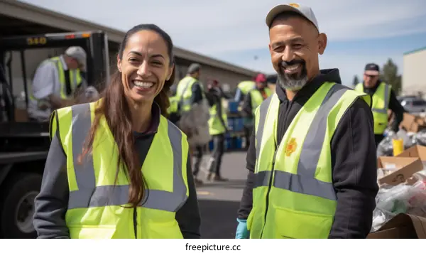 Two volunteers smile while wearing reflective vests.