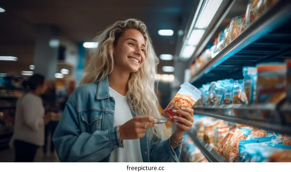 Happy woman shopping in grocery store