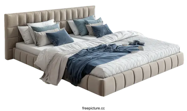 [Transparent Background PNG]Modern Beige Upholstered Bed with  Elegant Bedding