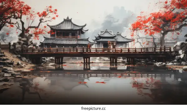 Chinese Courtyard: A Bridge Over The River With Red Trees