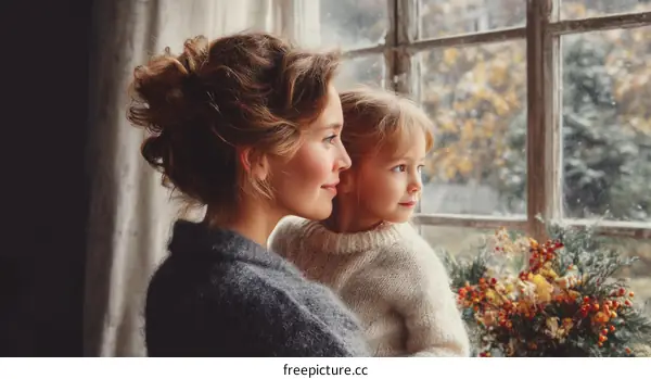 Mother and Daughter by the Window in Cozy Winter