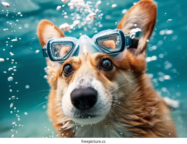 A cute corgi dog wearing swimming goggles swims underwater