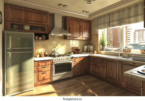 Modern kitchen with wooden cabinets and appliances