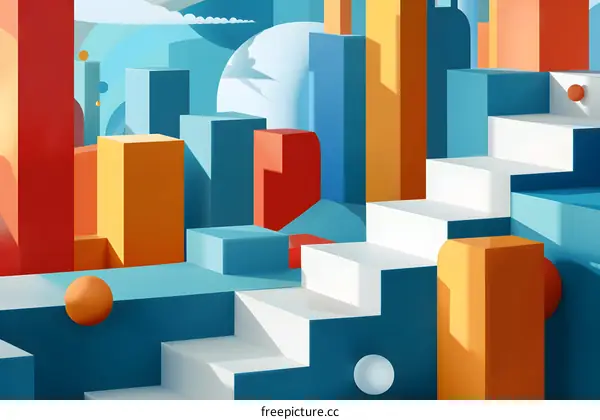 Abstract 3D Geometric Shapes Illustration With Blue, Red, Orange, And White Colors