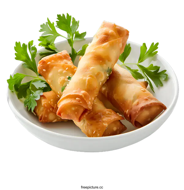 [Transparent Background PNG]Crispy Spring Rolls with Parsley Garnish