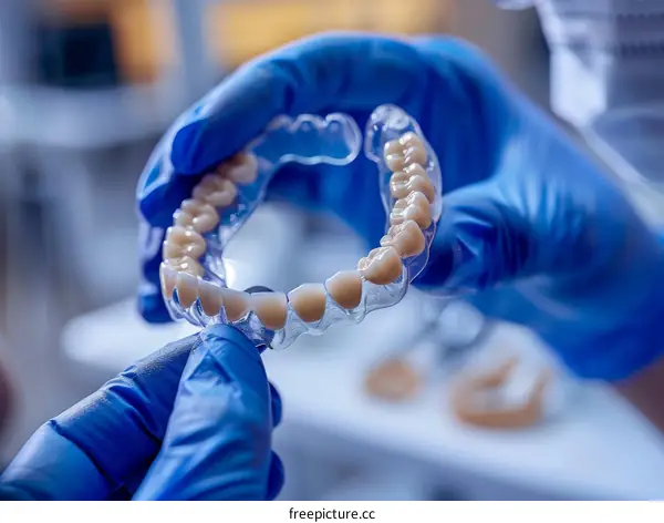 Close-up of a dentist holding a set of dentures