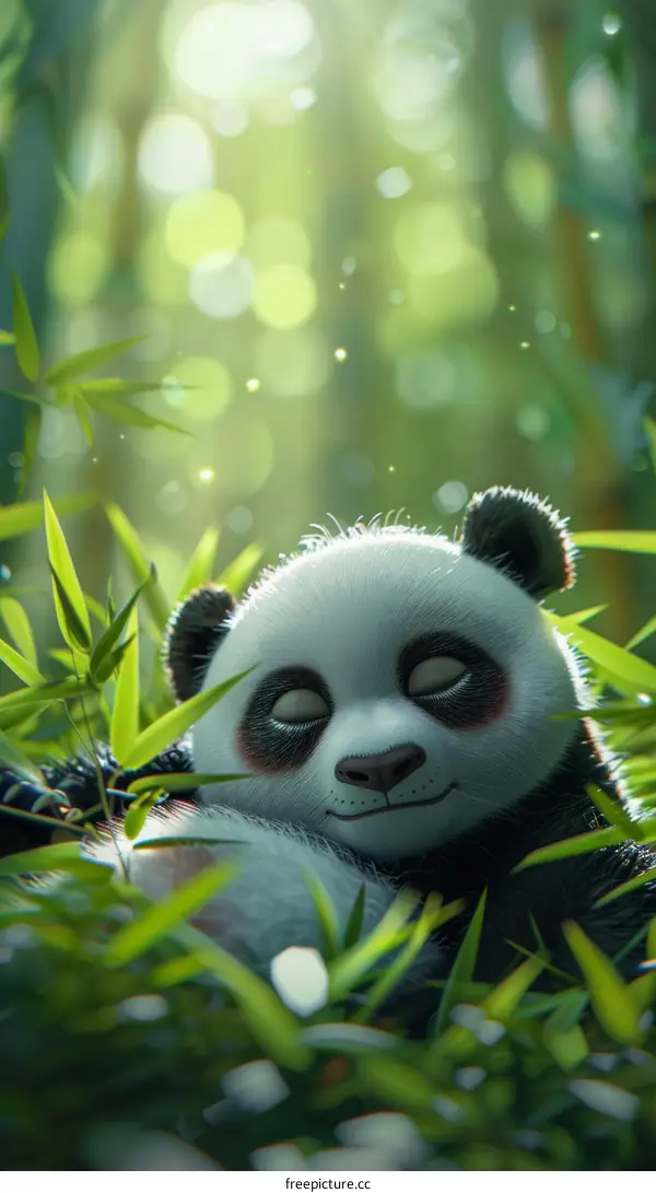 A cute panda is sleeping in the bamboo forest