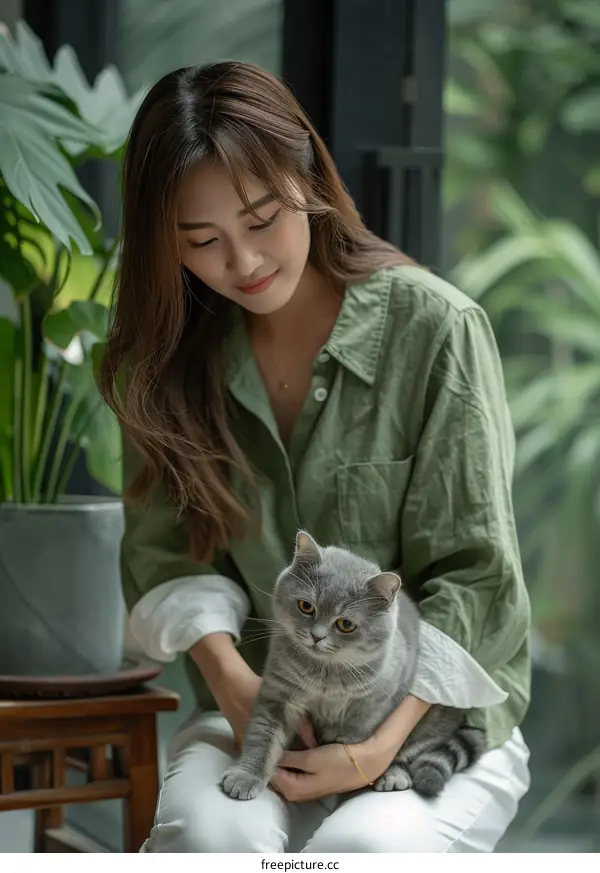 A young woman is sitting on a chair and holding a gray cat.